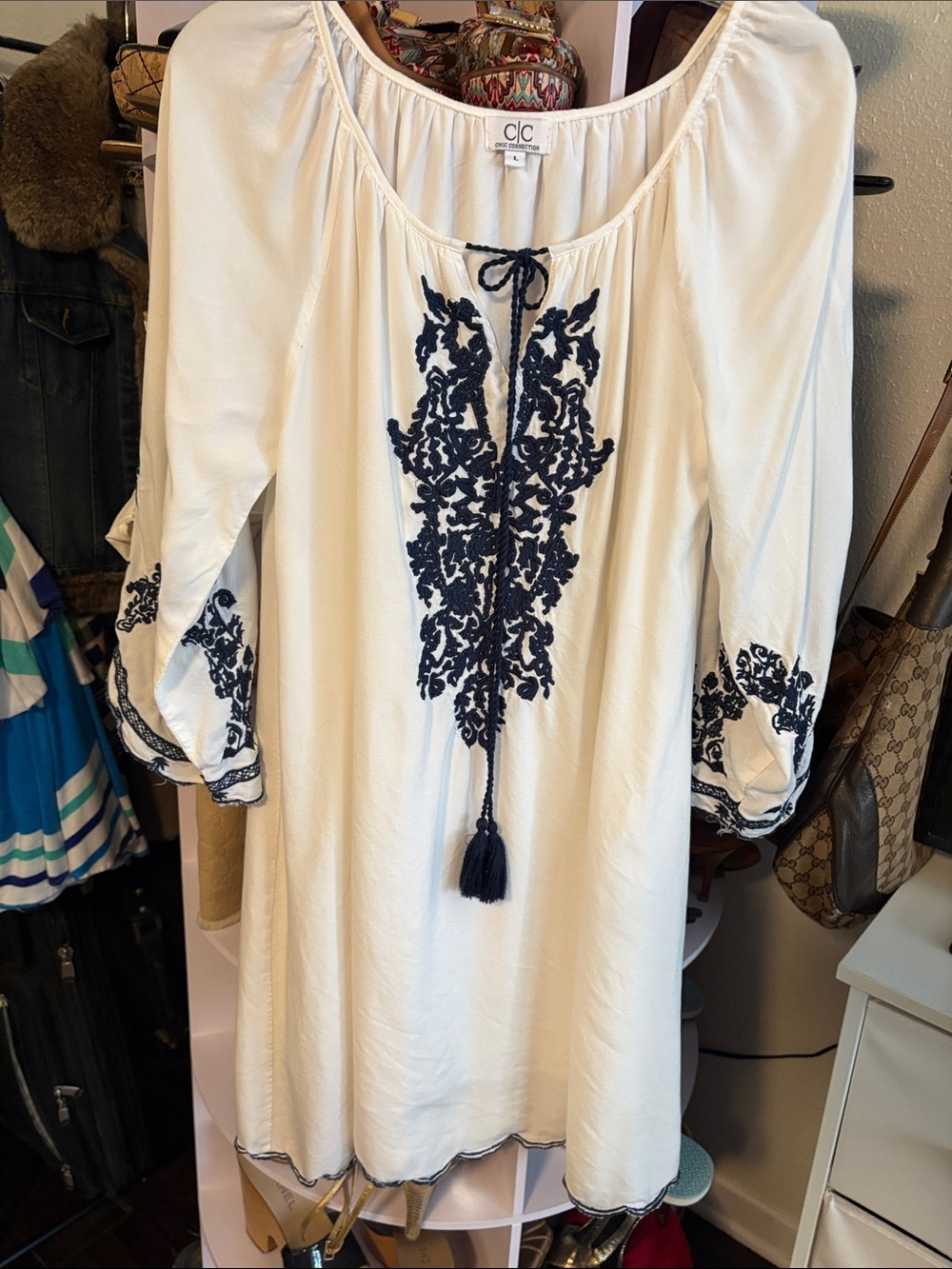 White Tunic with Navy Embroidery lined dress